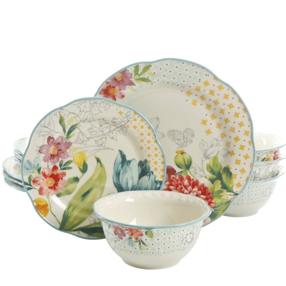 ❤️ New Pioneer Woman Blooming Bouquet 12 Piece Dinnerware Set